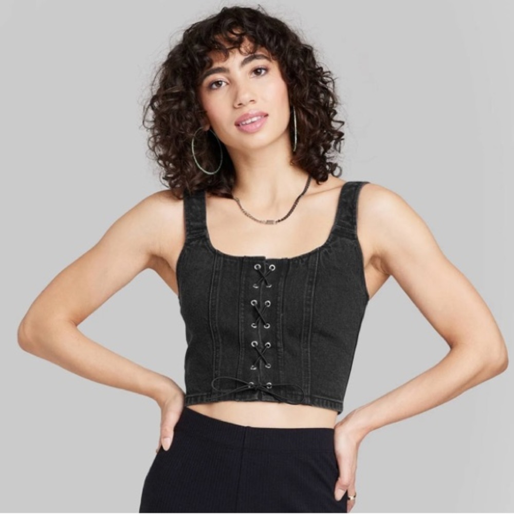 NWT Denim Lace-Front Corset Tank Top Wild Fable Black Wash szXXS